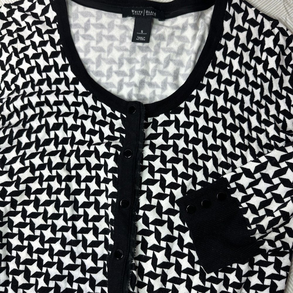 White House‎ Black Market Cardigan Women's S Black Houndstooth Snap Lightweight